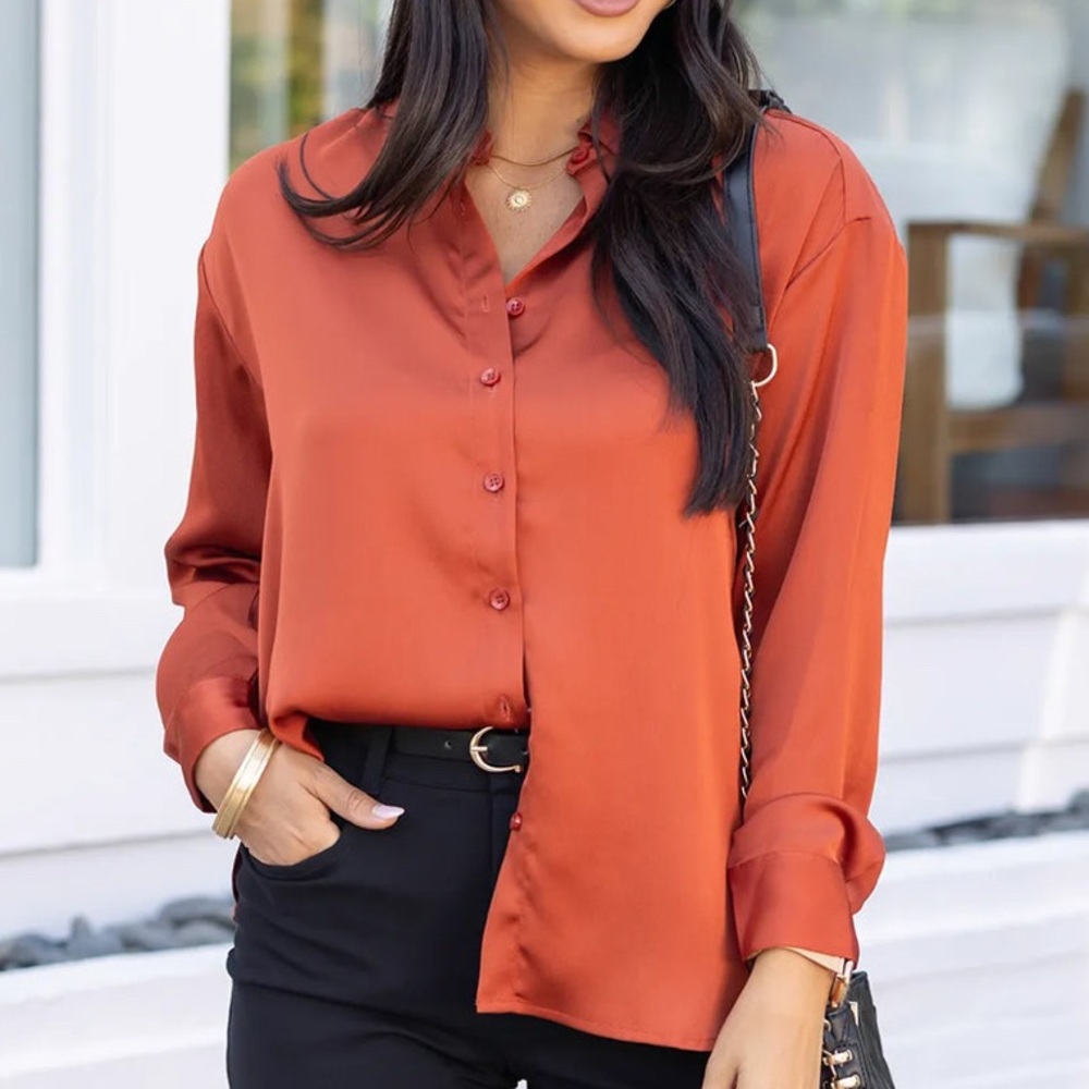 Mary Jane Denzer Women’s Elegant Orange Rust Button-Up Blouse size S